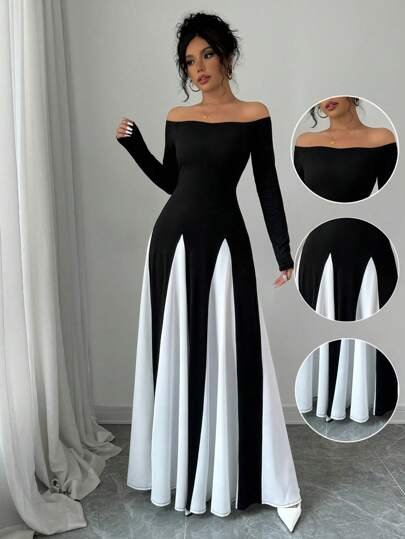 فستان الأسود بأكتاف مكشوفة وتداخل أبيض
